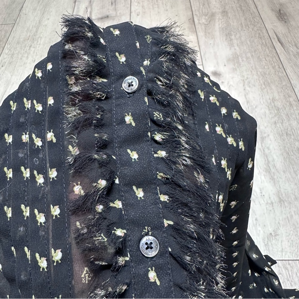 Abercrombie Fitch Size Medium Sheer Black frayed ruffle button up boho Blouse - Picture 6 of 6